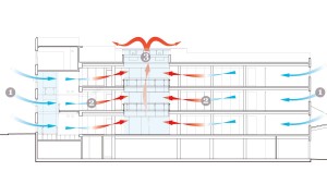 Airflow through the building with vented Atrium, 1220 Homer Street, Vancouver, Perkins + Will (image source: Perkins + Will)