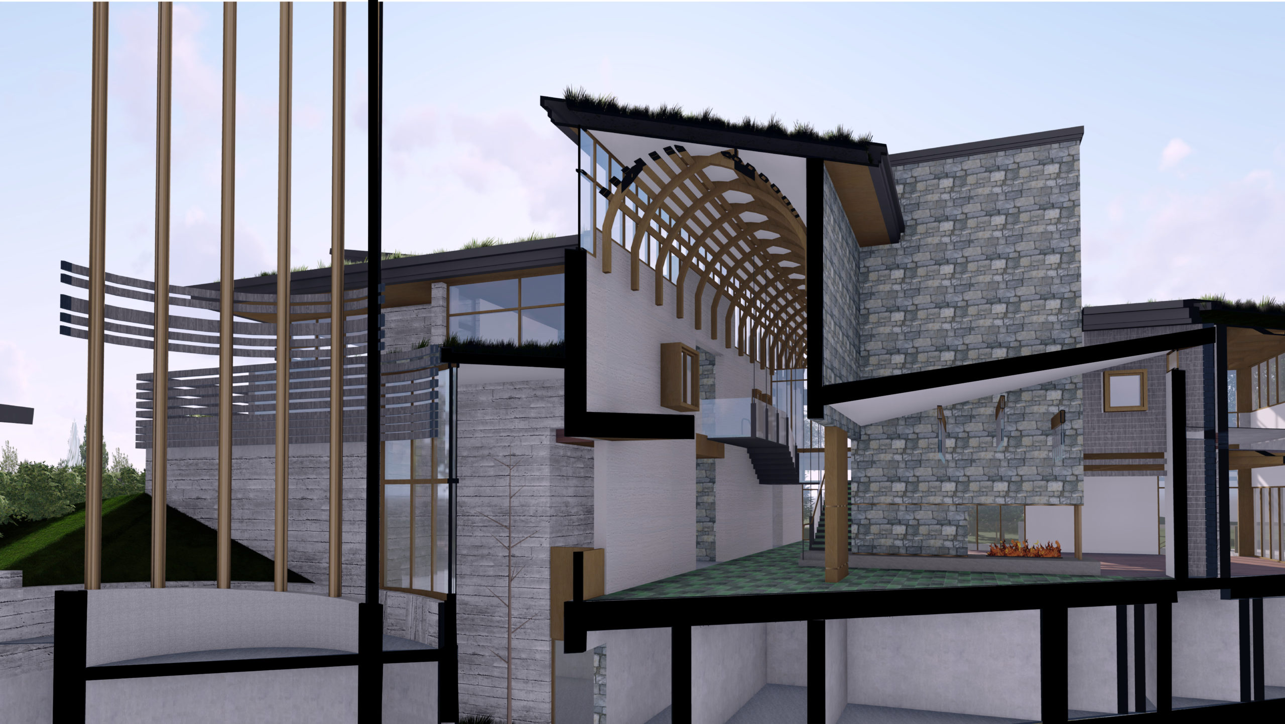 Official wing diagonal cross section through the multi-storey entry hall, dining room and Prime Minister's office