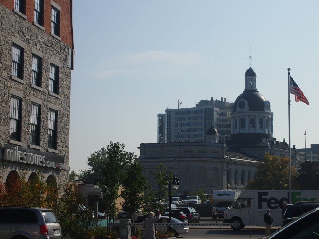 View of a downtown city and flag